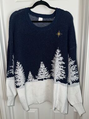 Cozy Navy & White Winter Tree & Star Knit Sweater